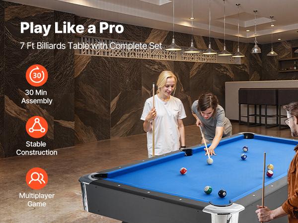 VEVOR Pool Table, 7 ft Portable Billiards Tables, Adjustable Feet Stable Game Table, Entertainment Set Includes Ball, Cue, Rack, Chalk and Brush, Black with Bule Cloth, for Family Use, Recreation Room