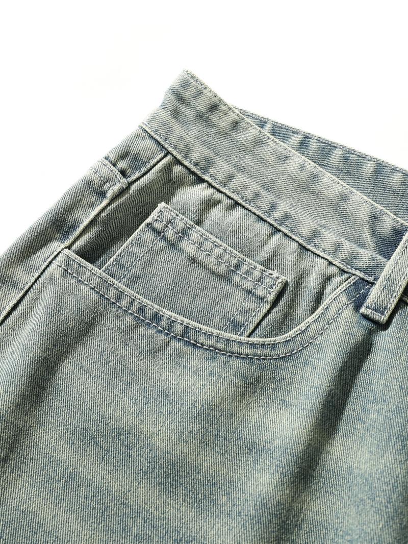 Men's Vintage Washed Denim Jeans, Basic Loose-Fit Wide-Leg Style, American Streetwear Trendy Look, Cotton Fabric, All Seasons