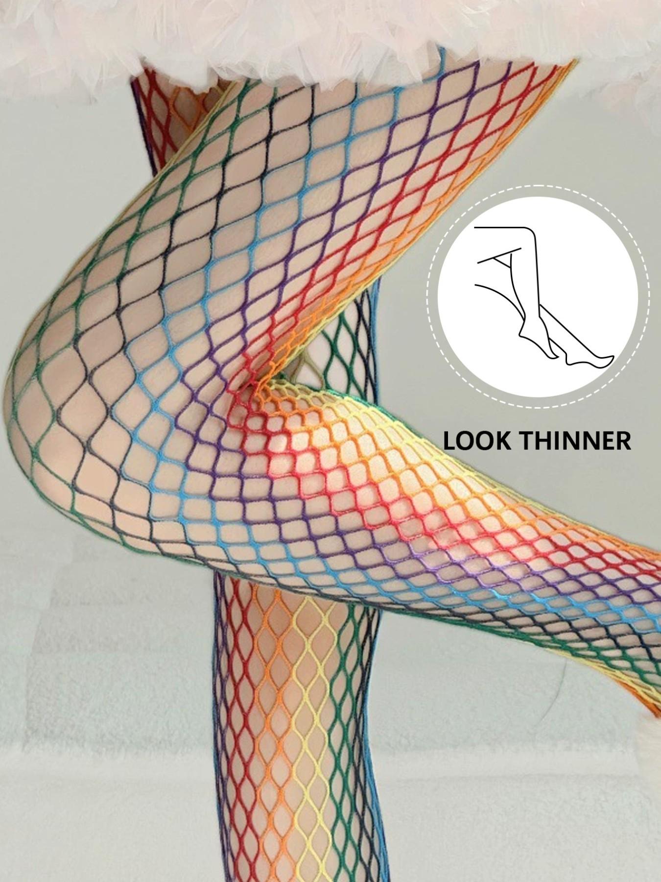 Y2K Boho Mesh Stockings, Rainbow Color Grid Patchwork Fishnet Pantyhose, Fitted Style, Women's Fashion Accessories
