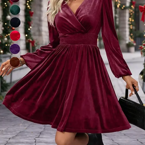 Women's Velvet Dress, Shirred Waist Lantern Sleeve Slimming Design, Christmas Party Evening Gown, Elegant Short Fitted Long Sleeve Dress