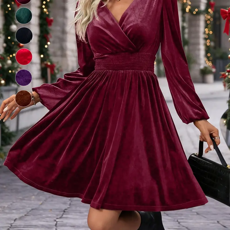 Women's Velvet Dress, Shirred Waist Lantern Sleeve Slimming Design, Christmas Party Evening Gown, Elegant Short Fitted Long Sleeve Dress