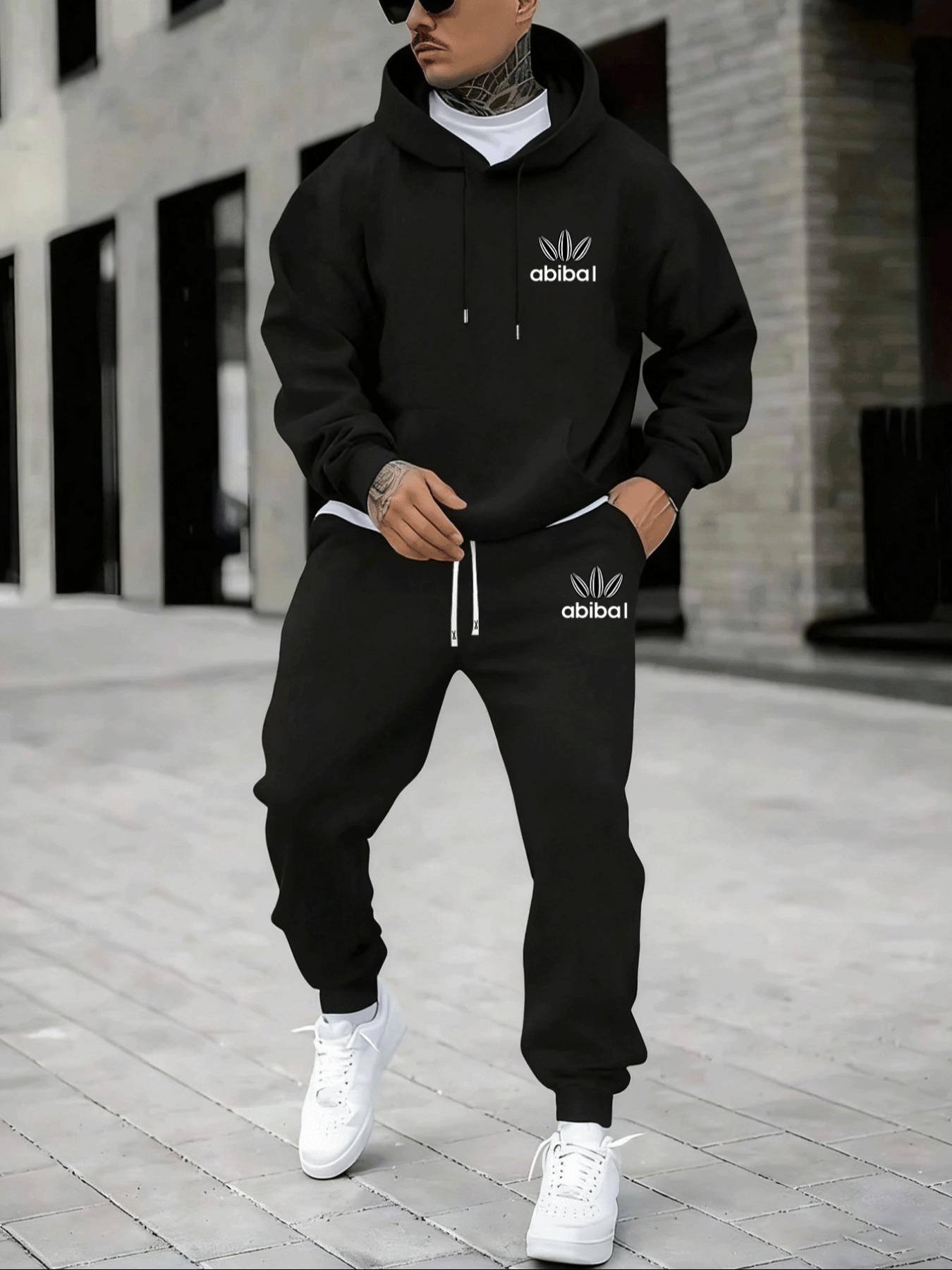 Hypemode Plus Size Set, Letter Print Geometric Long Sleeve Hoodie & Jogger Pants, Casual Style, Comfortable Fit, Cozy Set, Daily Wear, Fall & Winter Fashion