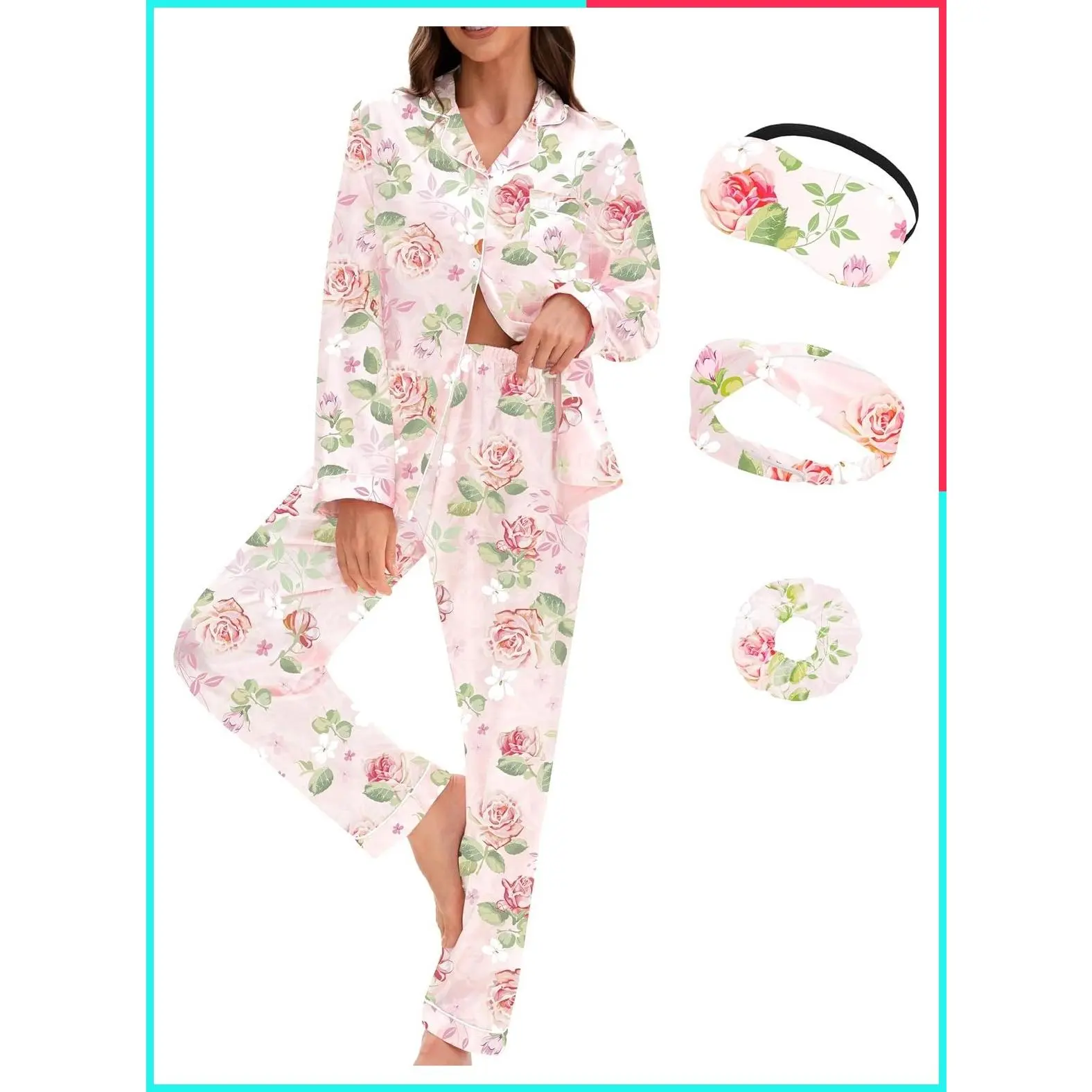 Women's Satin Silk Pajamas Set 5 Pcs Long Sleeve Printed Button Down Sleepwear Loungewear Set