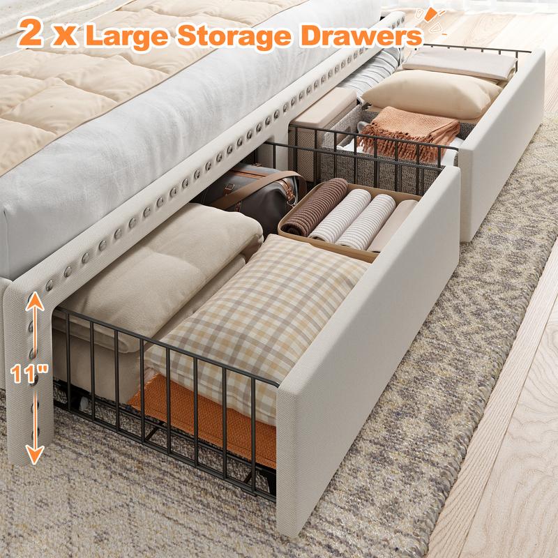 Bed Frame with 2 Drawers, MATTRESS NOT INCLUDED, Bedframe with Headboard and Storage, Upholstered  Bed Frame with Storage, No Mattress, NO Noise, No Box Spring Needed