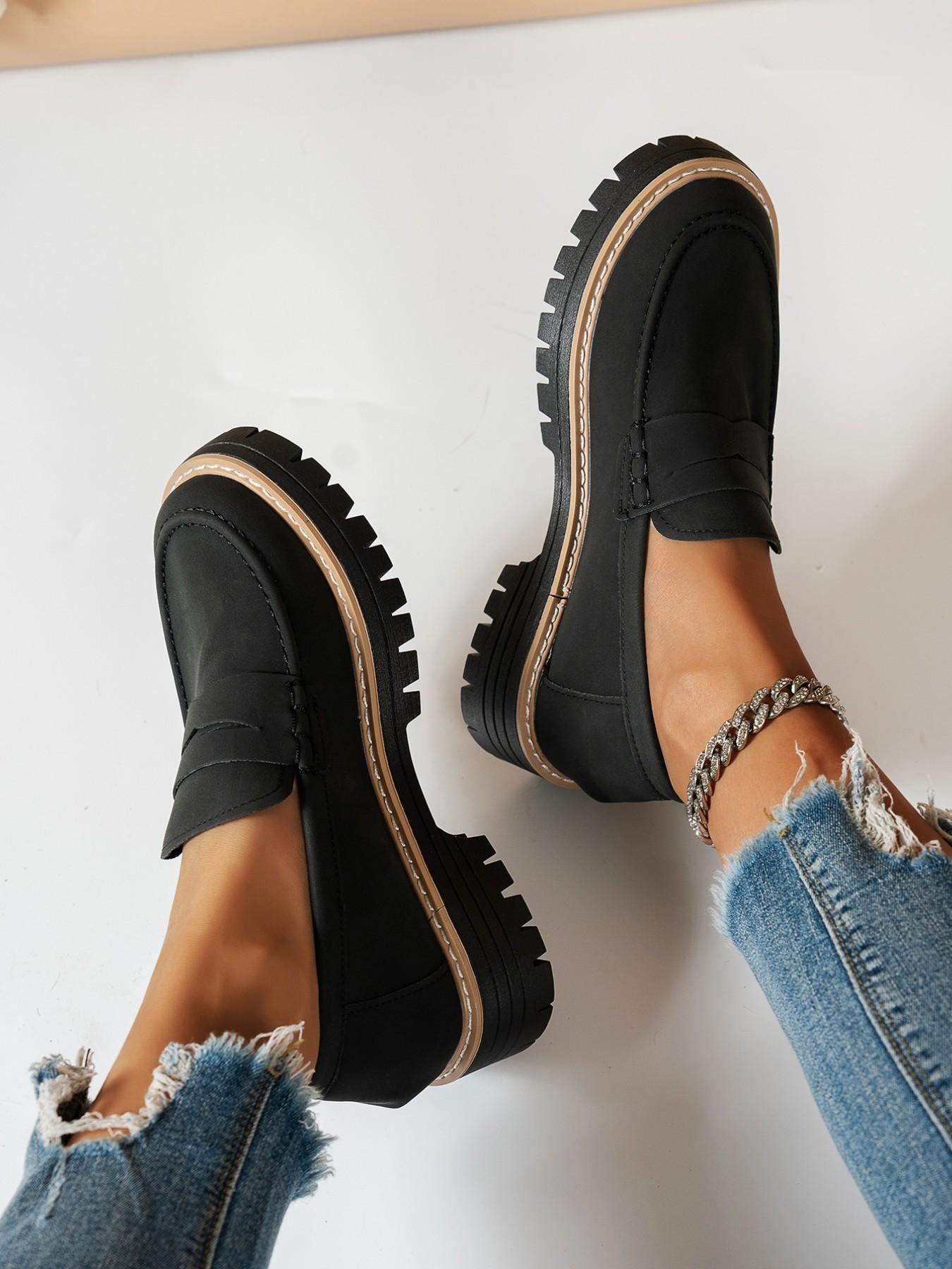 Women's Thick Sole Loafers, PU Leather Loafers, Platform Loafers, Slip-On Design, Casual Style, Height Increasing Comfort, Perfect for Commuting, Leisure Outings, Light Social Events, Casual Flats