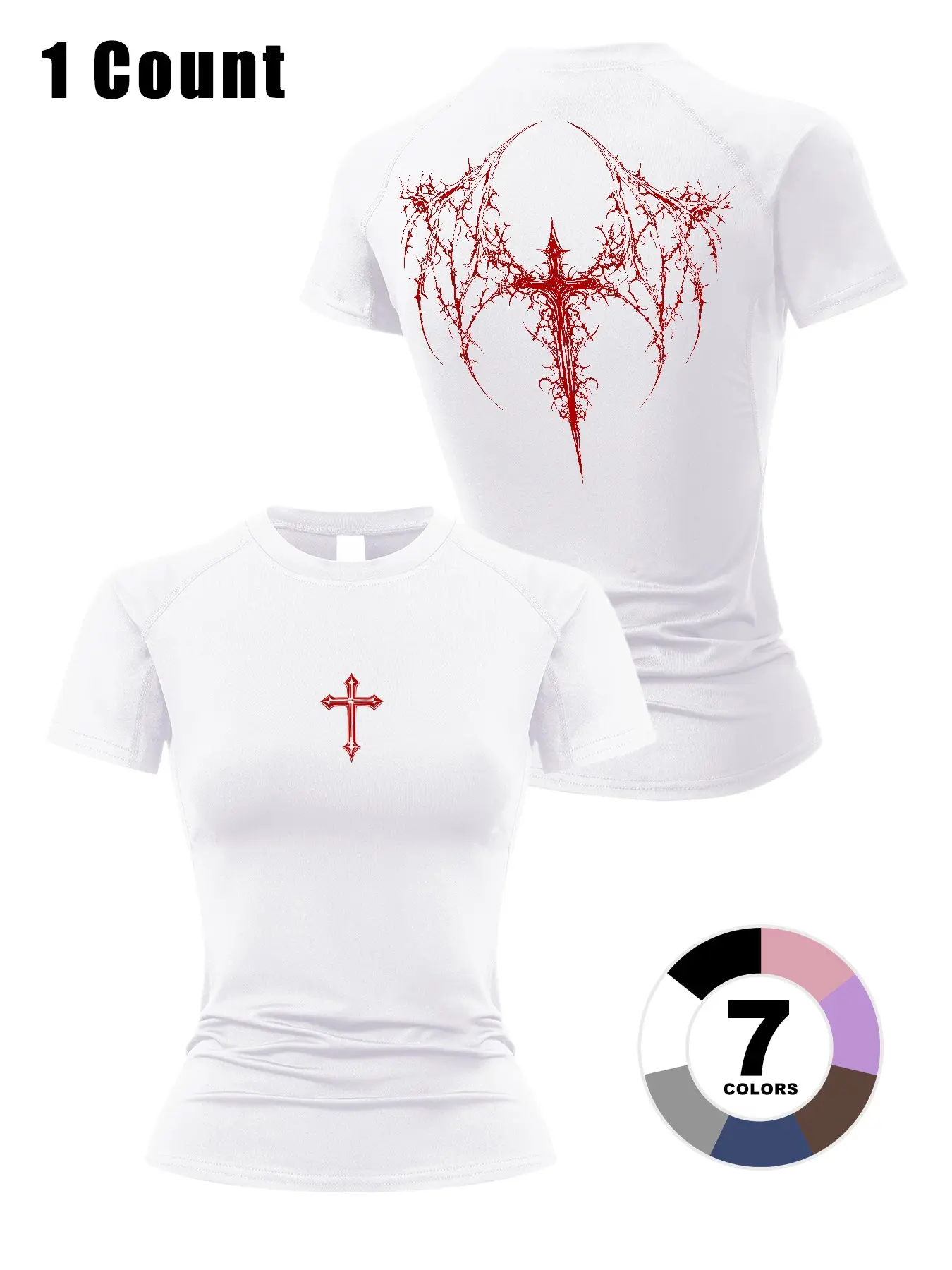 Middle Ages Y2K Gothic Style Dark Skeleton Wings Print Women's Short Sleeve Sport T-Shirt, Summer Quick-Dry Breathable Tight Fit Workout Top