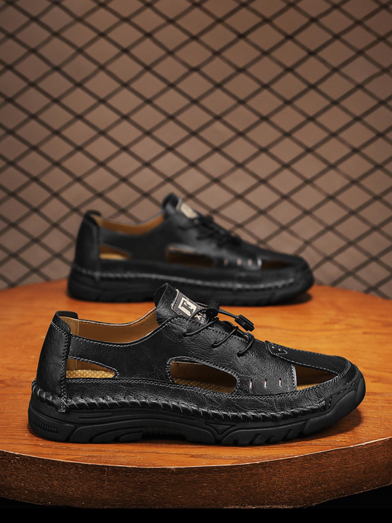 Men's Solid Color Hand-Stitched Closed-Toe Sandals Drawstring Soft Sole Water Shoes Breathable Slip-On Outdoor Beach Shoes