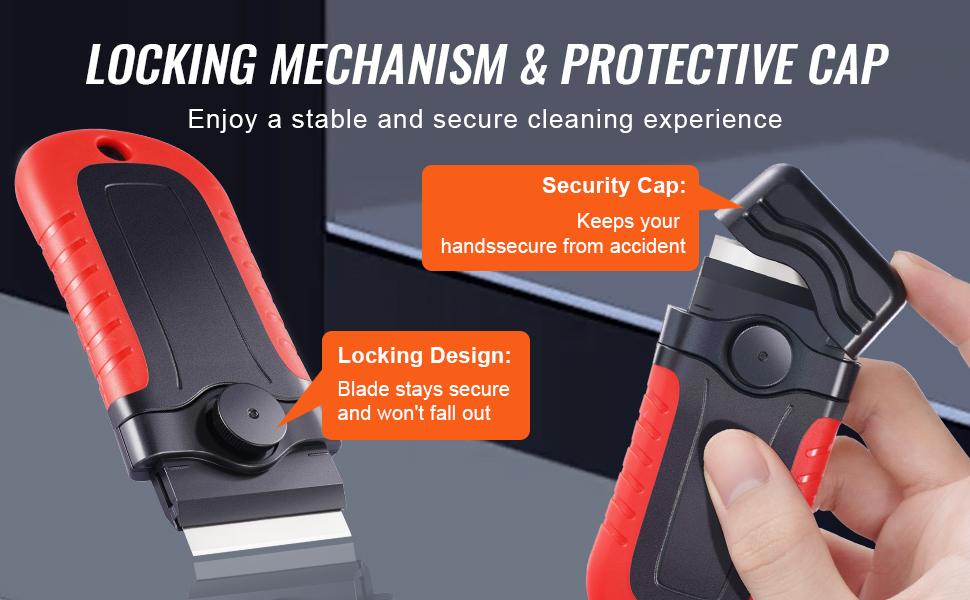VEVOR Razor Blade Scraper, 15 Extra Blades, Locking Scraper Tool with Security Cap, Carbon Steel and POM Blades, for Cleaning Labels, Stickers, Decals, Paint from Glass Window Stovetop Cooktop Oven