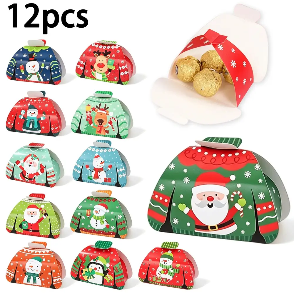 12 Piece Christmas Sweater Shape Candy Boxes, Holiday Chocolate and Candy Gift Wrappers, Paper Gift Boxes for Christmas Parties, Festive Decorations