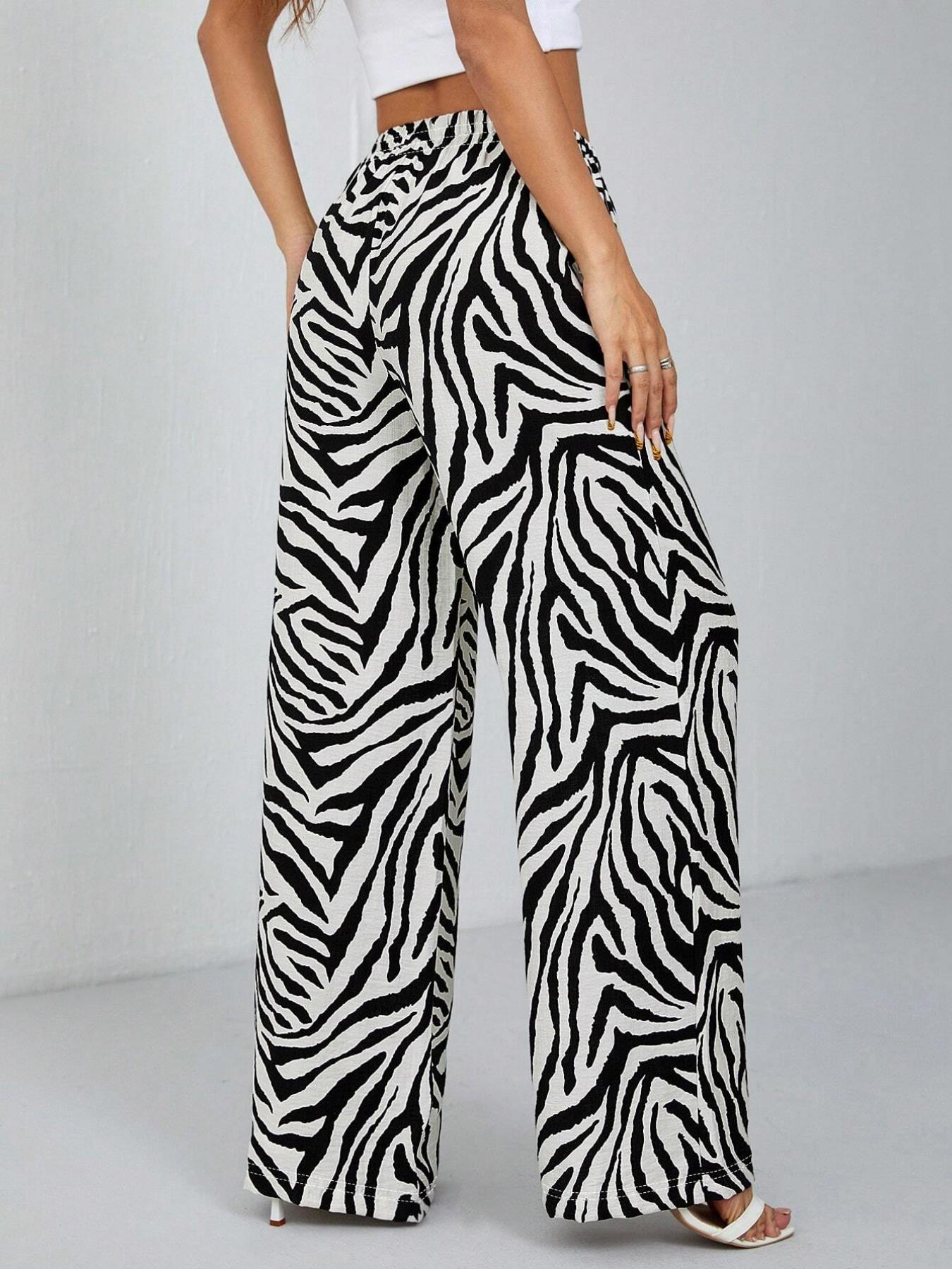 Women's Zebra Print Drawstring Adjustable Wide Leg Pants, Elastic Waist with Pockets, Casual All-Season Comfortable Fashion, Daily Wear