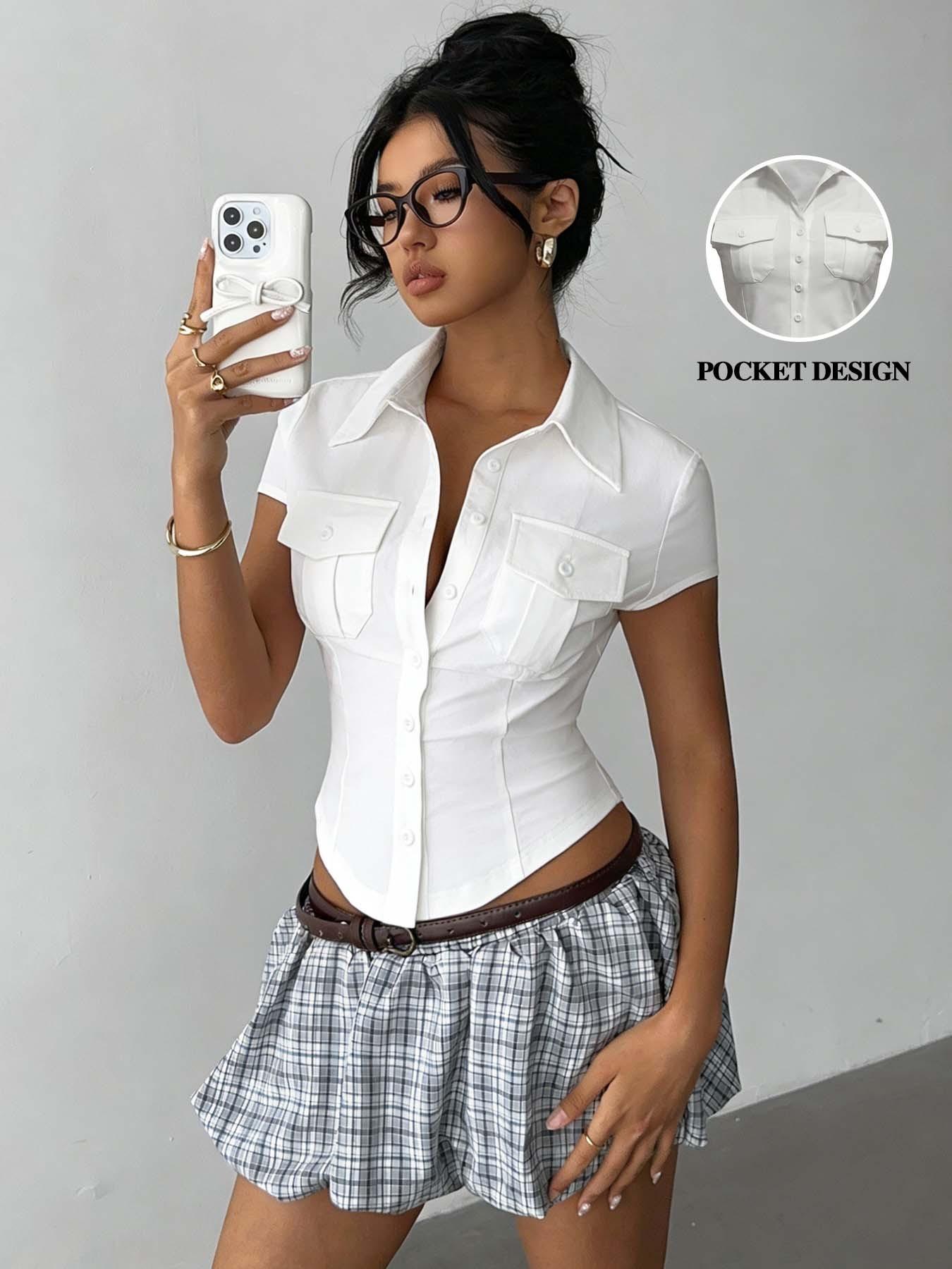 tiktokshopspringglowup Y2K White Pocket Button Up Shirt, Slim Fit Crop Top, Short Sleeve Casual Blouse, Summer 2025 Trendy Women's Clothing, Streetwear Aesthetic, Office Casual Outfit