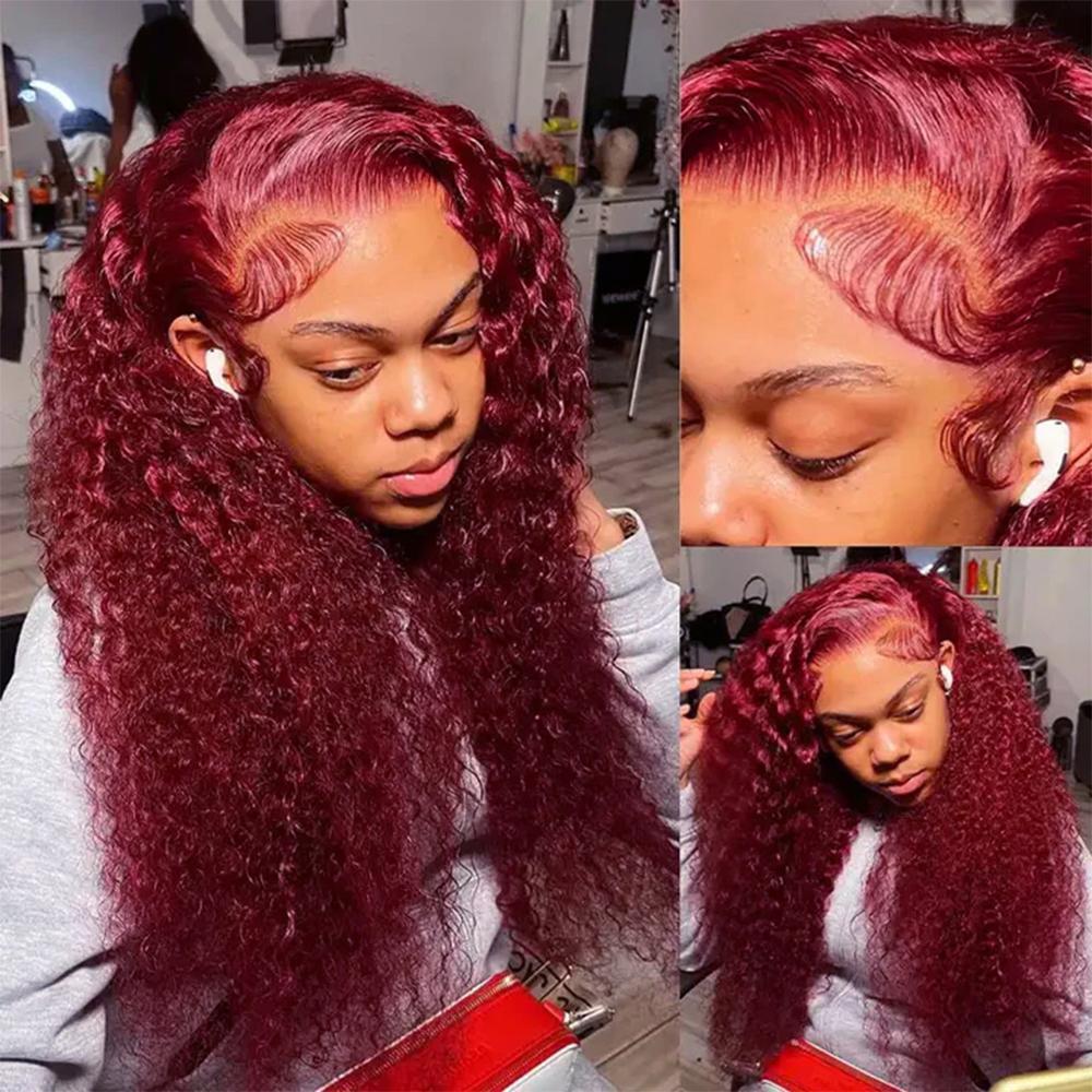 [26 Inch Only $140] STERLY 200% Density Burgundy / Natural Color 13x6 Lace Frontal Human Hair Deep Wave Wig Ombre Color Water Wave Wig 99J Curly Wigs #FB30 Highlight Pre Plucked Pre Cut Beginner Friendly Wig Smooth HD Transparent Lace Wig