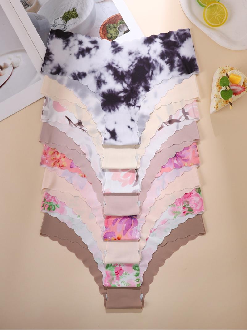 Women's Leopard Print & Solid Color Panties, Comfortable Seamless Briefs, V-Shaped Pull-Up Waistband, Floral Pattern