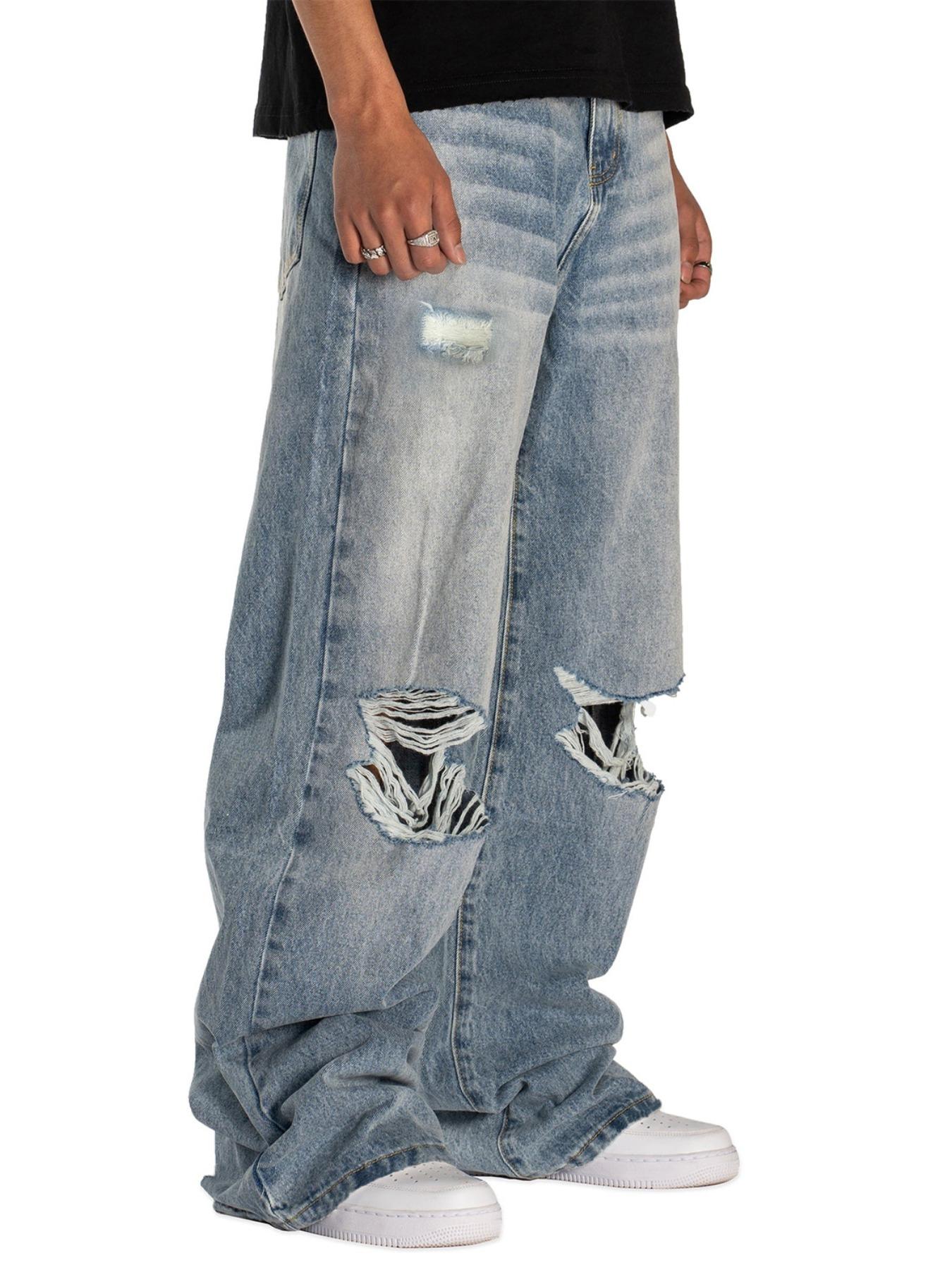 Men's Light Blue Ripped Loose Straight Denim Jeans, All Seasons Street Style, Zipper Fly, Plain Pattern, Comfortable Fit