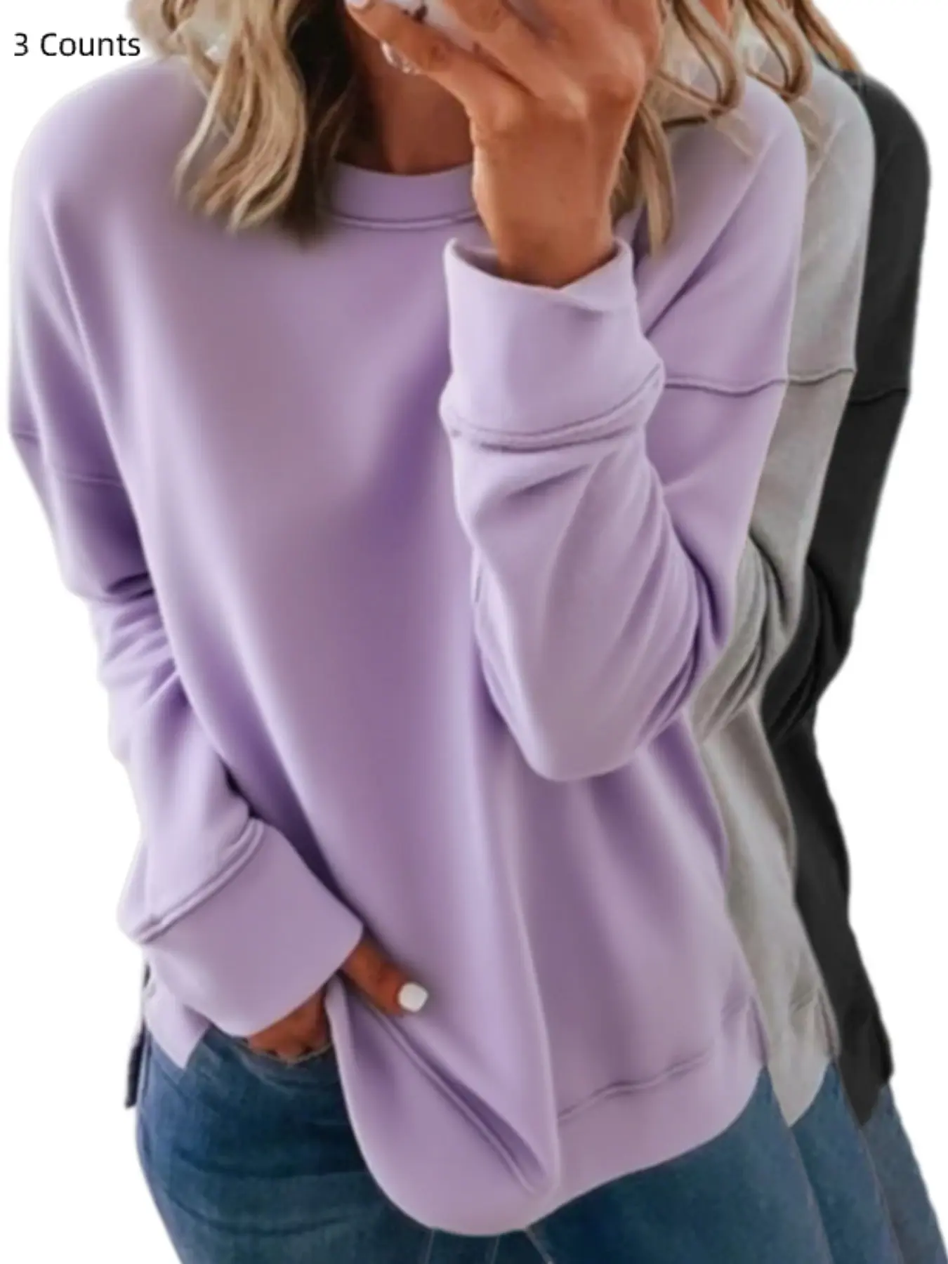 Women Crew Neck Sweatshirt, Long Sleeve Drop Shoulder, Loose-Fit Casual Pullover, Tops