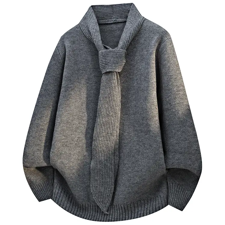 Men Solid Gray Trendy Preppy Knit Sweater, Vintage Grandpa Core Tie Collar Pullover, Loose Oversized Fit Warm Long Sleeve Unique Knitwear, Viral Aesthetic Daily Winter Outfit for Men