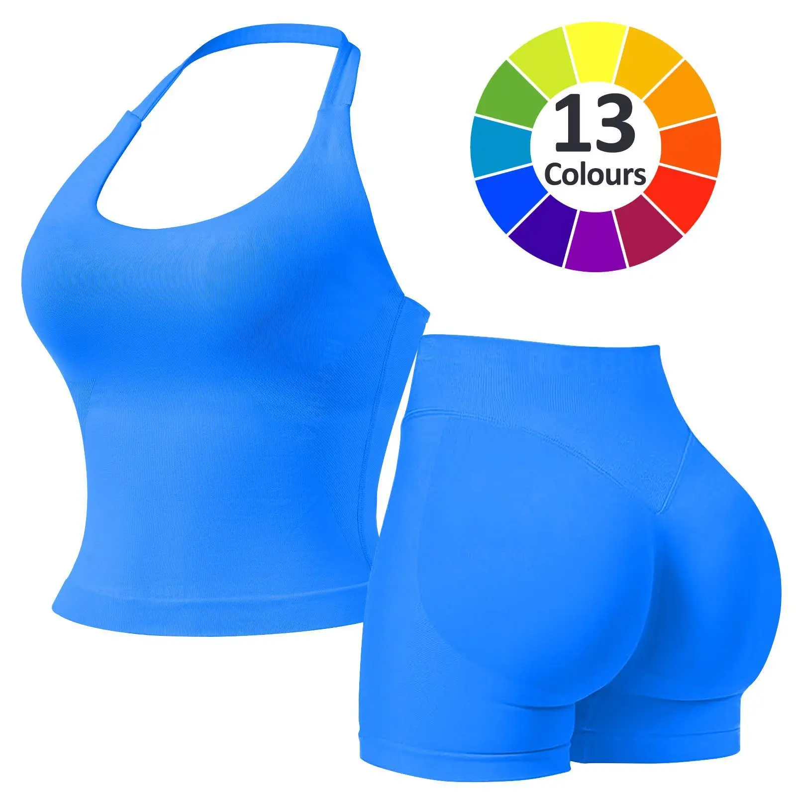 RICH BRIA 2PC Gym Set for Women, Halter Top & High Waist Impact Shorts Sports Set, Sporty Breathable Quick Dry Outfits for Yoga Gym Fitness Running, Ladies Sportswear for Summer, Workout Clothes, Athletic Gym Sets Clothing, Aleisure Wear Clothing Sleevele