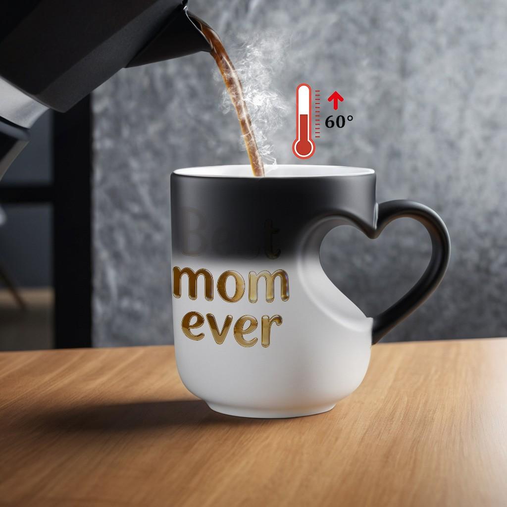 1pc Magical Color Changing Mug with Heart-Shaped Handle, Heated Gradient Coffee Mug With Best mom ever Gold Text Mug Collection Design, 11oz Unique Heart Design, Perfect Gift For Mother's Day, Idears Gift for Wife & Mom