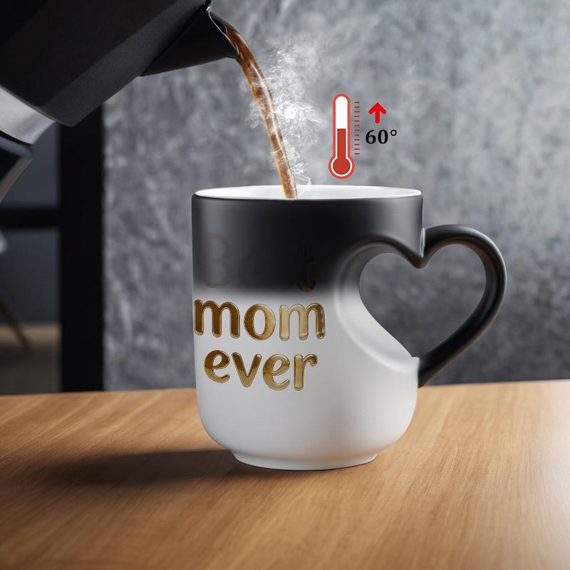 1pc Magical Color Changing Mug with Heart-Shaped Handle, Heated Gradient Coffee Mug With Best mom ever Gold Text Mug Collection Design, 11oz Unique Heart Design, Perfect Gift For Mother's Day, Idears Gift for Wife & Mom