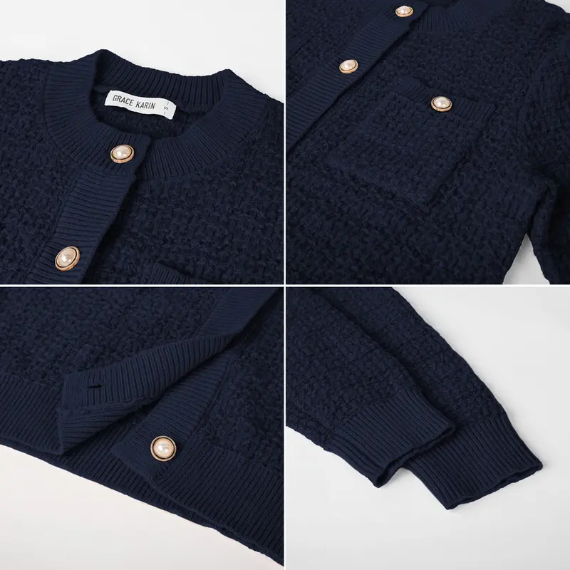 【GRACE KARIN】Classical Women's Thick Fabric Open-Front Button-Down Long-Sleeve Textured Knit Cardigan with Pockets, Crew Neck Women's Clothing Knitwear for Work Party