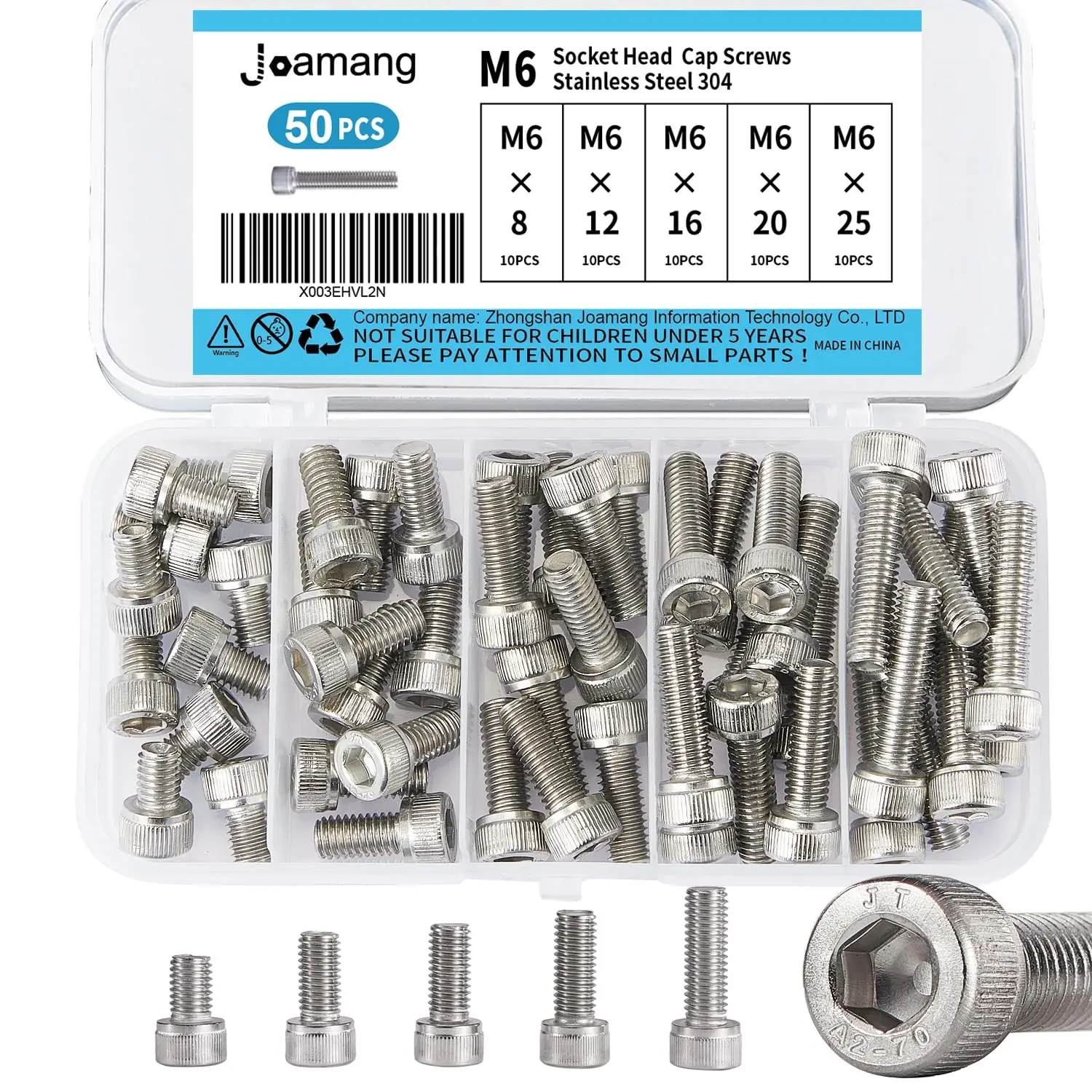 M6 Socket Head Cap Screws Bolts Assortment Kit, 304 Stainless Steel, Metric Allen Hex Drive, 8/12/16/20/25mm Lengths, Fully Threaded, Bright Finish, 50PCS
