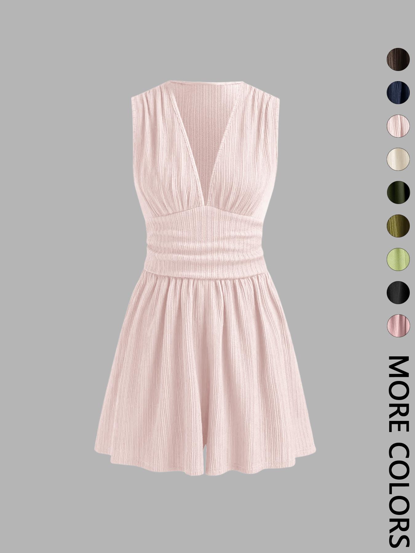 Women's Plain Ruched Deep V Neck Short Fitted Tank Romper, Elegant Sleeveless Romper For Summer, Fashion Casual Ladies Womenswear Clothes For Daily Wear Women's Plain Ruched Deep V Neck Short Fitted Tank Romper, Elegant Sleeveless Romper For Summer, Fashion Casual Ladies Womenswear Clothes For Daily Wear