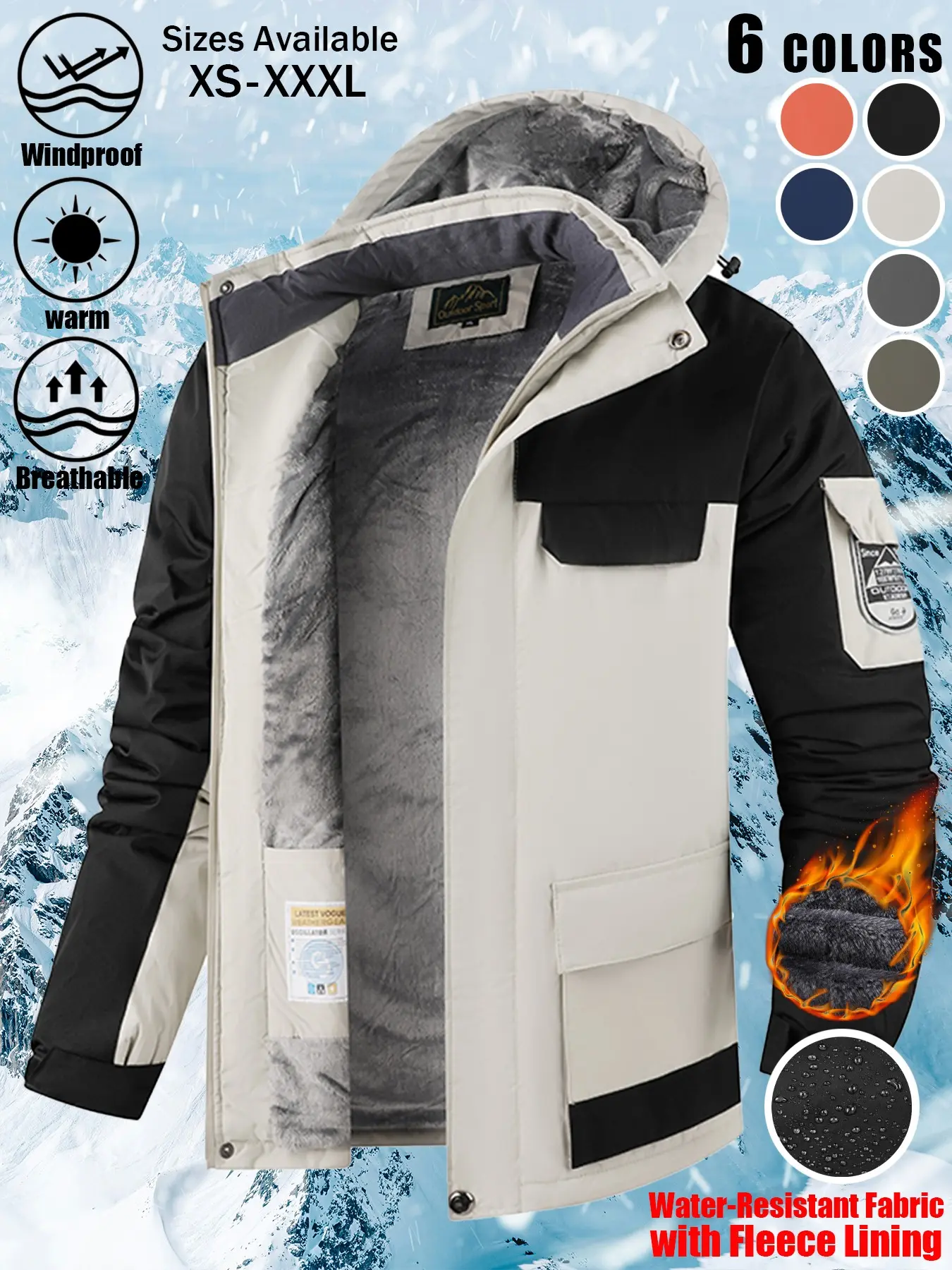 1 Pack Men's Hooded Fleece-Lined Softshell Jacket, Wind Resistant Jacket, Waterproof Windproof Breathable Detachable Hood Full Zip Chest Pocket Side Pockets Splicing Design Adjustable Cuffs Outdoor Coat 6 Colors XS-XXXL Hiking Camping Travel