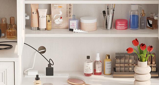 Vabches 58.6" Large Vanity Desk with Sliding Mirror & Lights, Black Makeup Vanity Table & Nightstand Combo with Power Outlet and 6 Drawers 15 Shelves with Light Strips for Bedroom Dressing Room