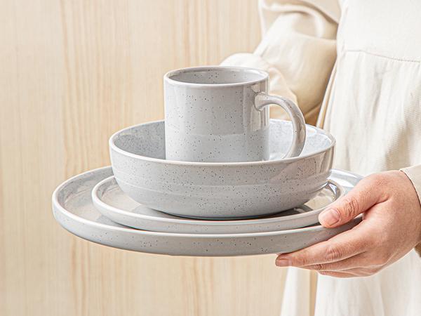 vancasso Sesam 16-Piece Light Grey Stoneware Dinnerware Set | Sesame Glaze Ceramic Dish Set with Dinner Plates, Dessert Plates, Soup Bowls, and Mugs, Service for 4 Tableware