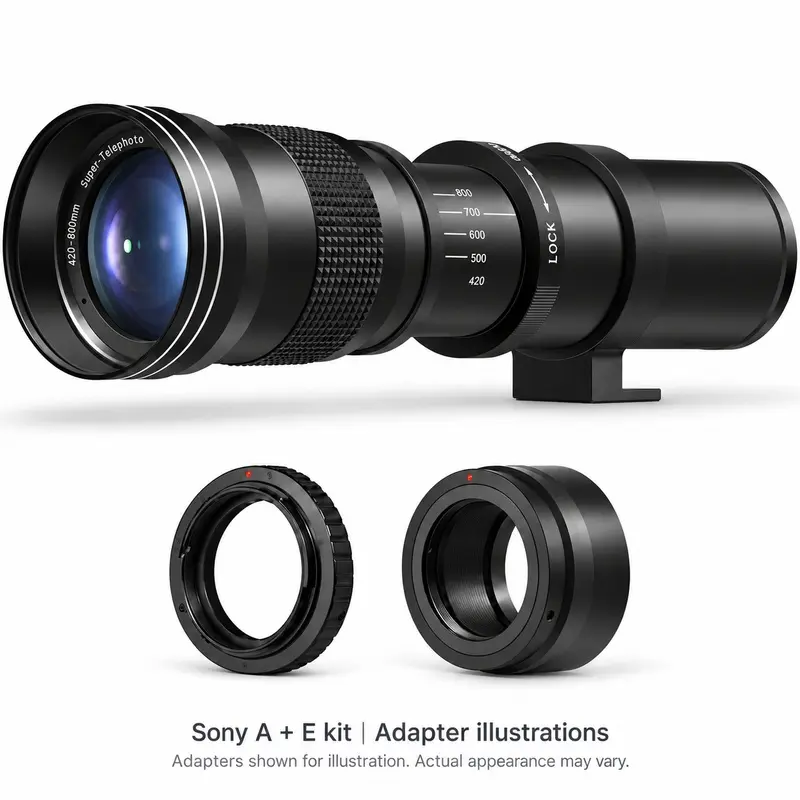 Eonix 420-800mm Manual Telephoto Camera Lens for Sony A/E with 2 Mount Adapters