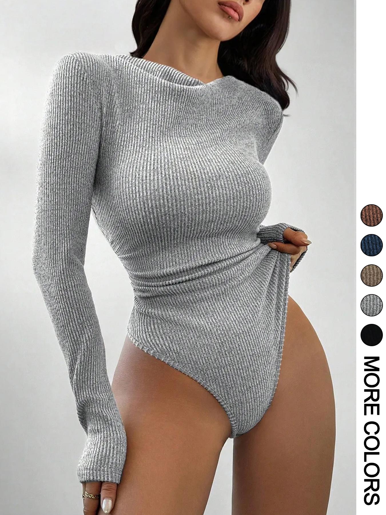 Women's Fall Winter Textured Knit Long Sleeve Romper Bodysuit, Sexy Slim-Fitting One-Piece, Plain Pattern, Moderate Fabric Thickness