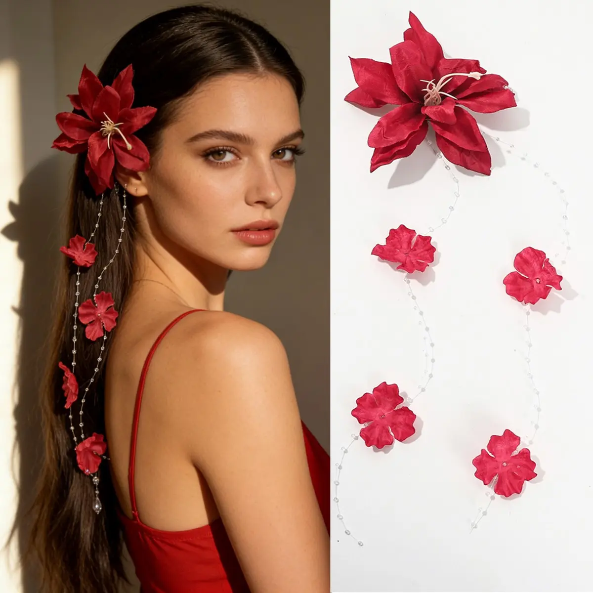 AWAYTR 3 Pack Red/White/Yellow Flower Hair Clips for Women Glass Beads Tassel Flower Clips for Hair Accessories Floral Hairclip Metal Duckbill Clip Cute Flowers Decorative Barrettes Womens Side Hairclips Fancy Billed Clip