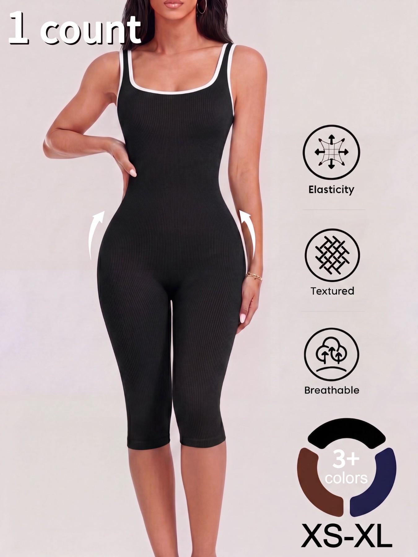 1/2PCS Women's Yoga Capri Jumpsuit Square Neck Backless Tummy Control Butt Lifting, Yoga Workout Jumpsuits Workout Shorts Romper Seamless Ribbed Sleeveless Unitard Fitness Gym for Gym Sports