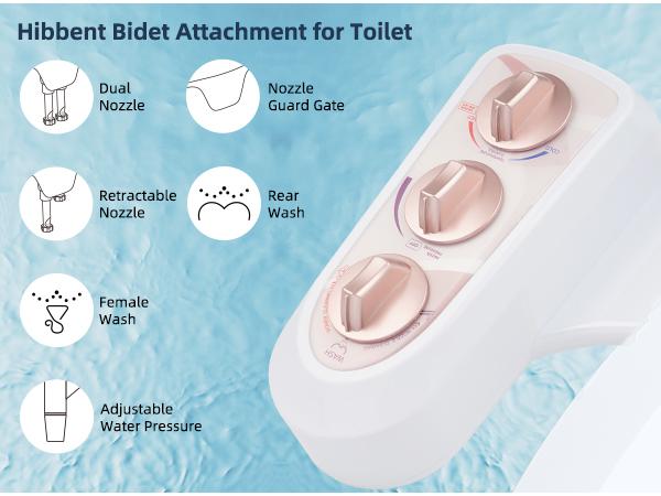 Hibbent Bidet Attachment for Toilet with Self Cleaning Dual Nozzle, Hot and Cold Water Spray Non-Electric Mechanical Toilet Seat Bidet for Rear or Female Washing Sanitizing, Rose Gold