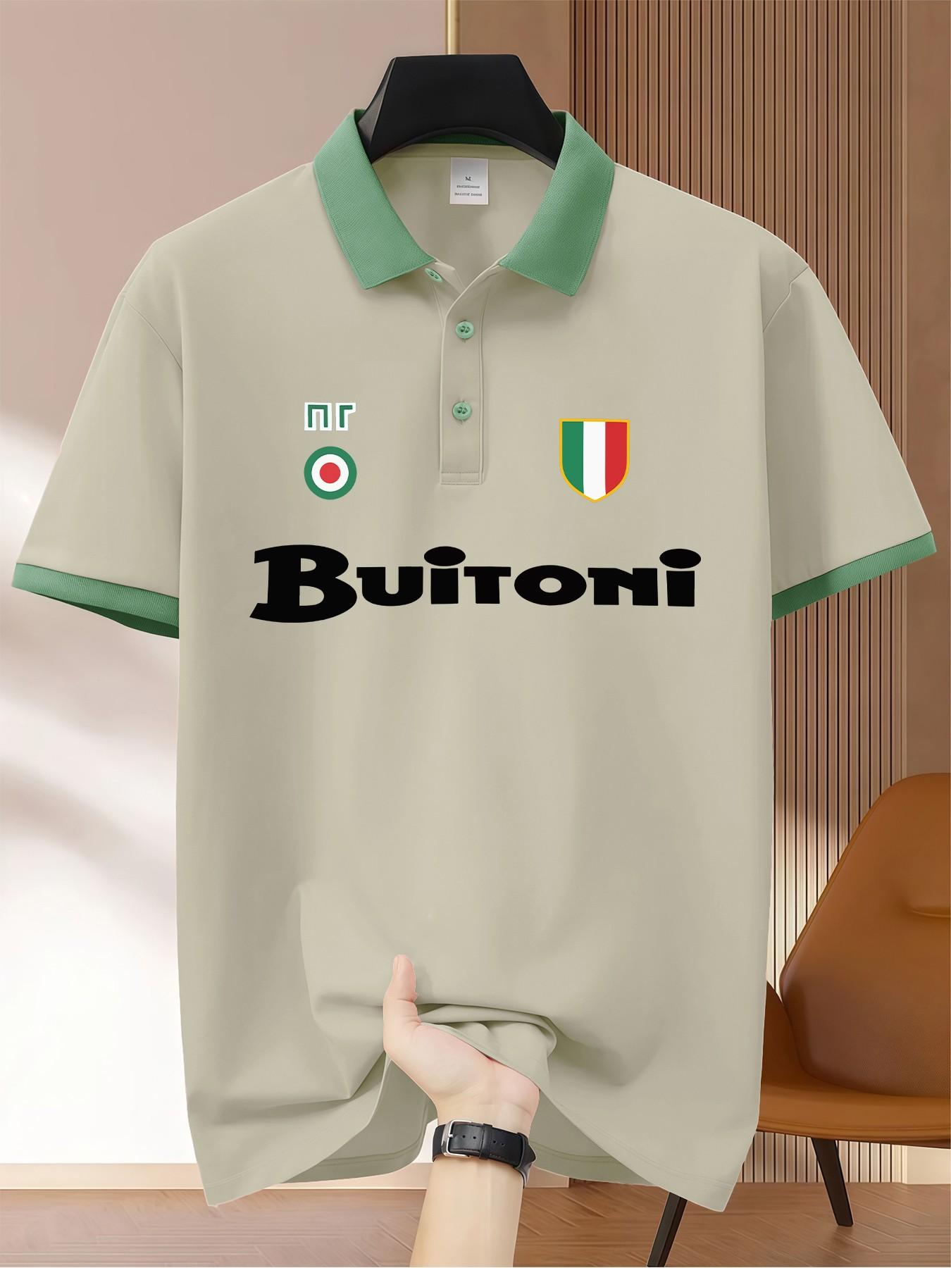 Buitoni Italian Flag Shield Vintage Print Polo Shirt, Business Casual Men's Short Sleeve Knitwear, Daily Commute Office Wear Top
