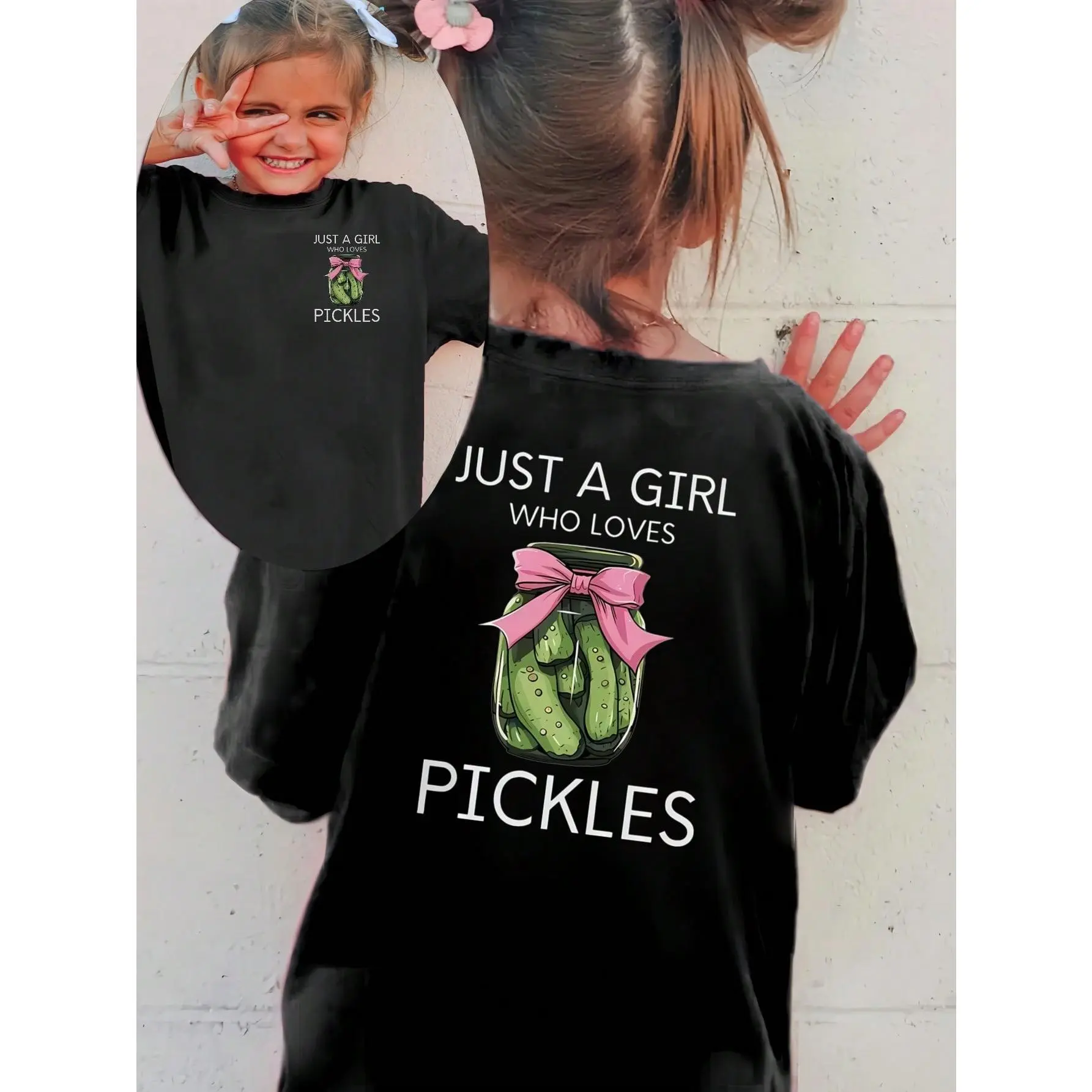 MAWOTEA Girls' Cute Cotton Fitted 'Just A Girl Who Loves Pickles' Double-Sided Graphic Print T-Shirt, Casual Crew Neck Short Sleeve Top for Kids, Machine Washable