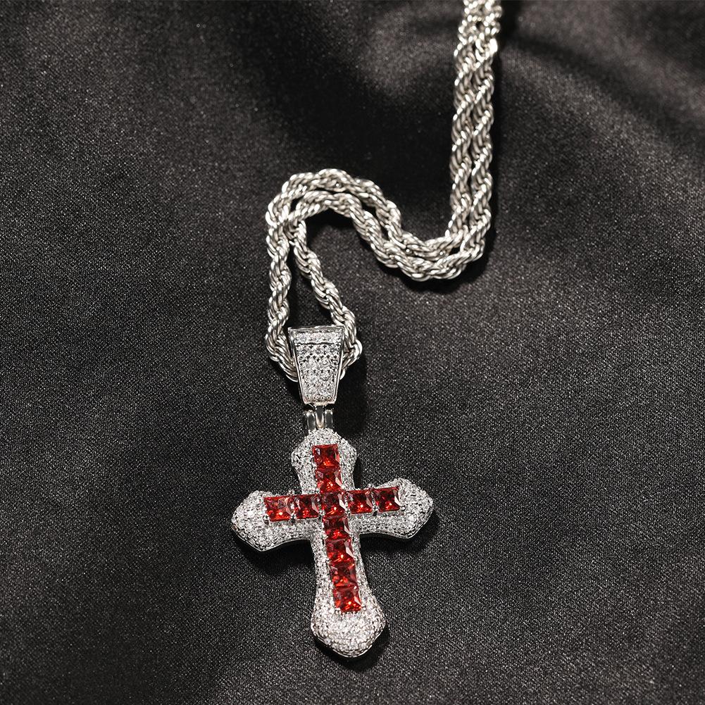 Hip-hop new blue zirconium cross necklace for men, fashionable and versatile heavy-punk sweater chain accessory