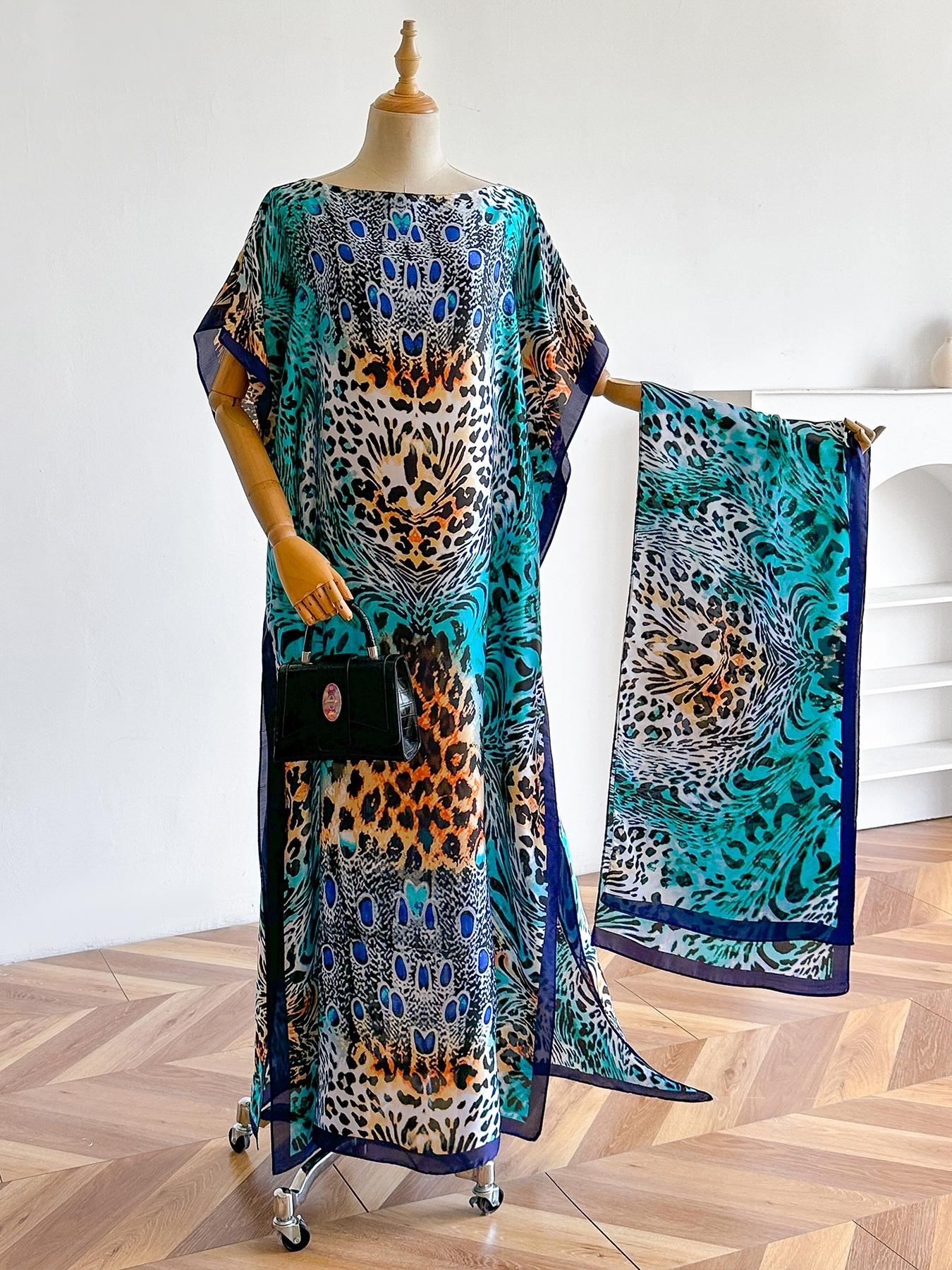 Women's Leopard Print Long Sleeve Kimono & Scarf Set, Casual Open Front Outerwear & Shawl, Ladies Clothes for Beach Vacation, Beach Swimsuit Cover, Womenswear, Leopard Pattern