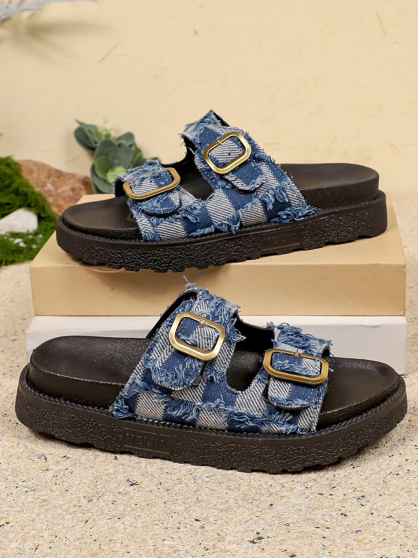 Women's Vintage Frayed Edge Checkered Sandals, Dual Strap Buckle Thick Sole Slip-On Shoes, Summer Casual Beach Daily Wear