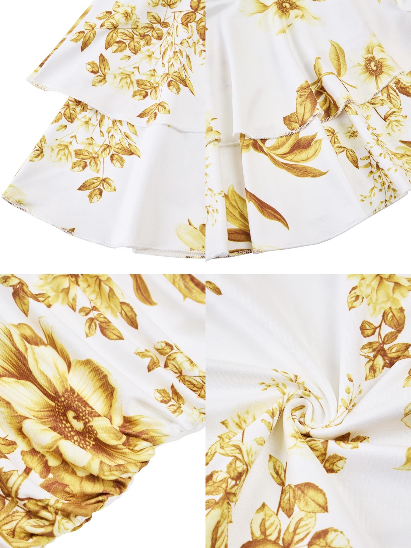 Aliling Women's Elegant Floral Print Dress with Stand Collar, Long-Sleeve Hollow-Out Design and Ruffled Hem, Fall Fashion Mini Dress for Parties