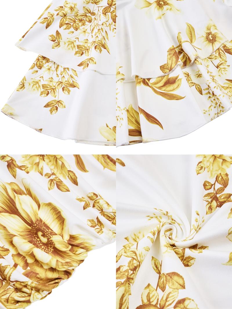 Aliling Women's Elegant Floral Print Dress with Stand Collar, Long-Sleeve Hollow-Out Design and Ruffled Hem, Fall Fashion Mini Dress for Parties