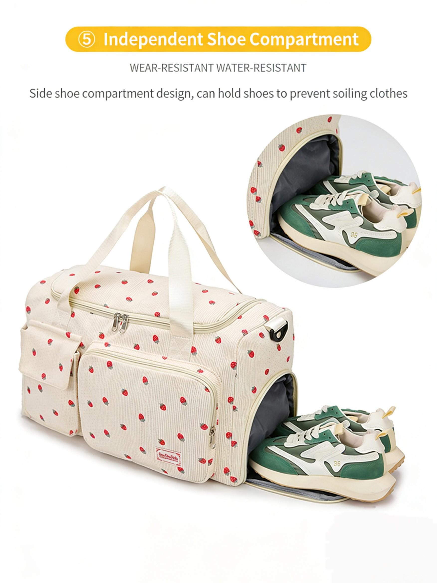 Strawberry Corduroy Handbag, Sweet Cute Style, Multi-Pocket Large Capacity, Crossbody Bag, Girl Short Trip Gym Commute Backpack