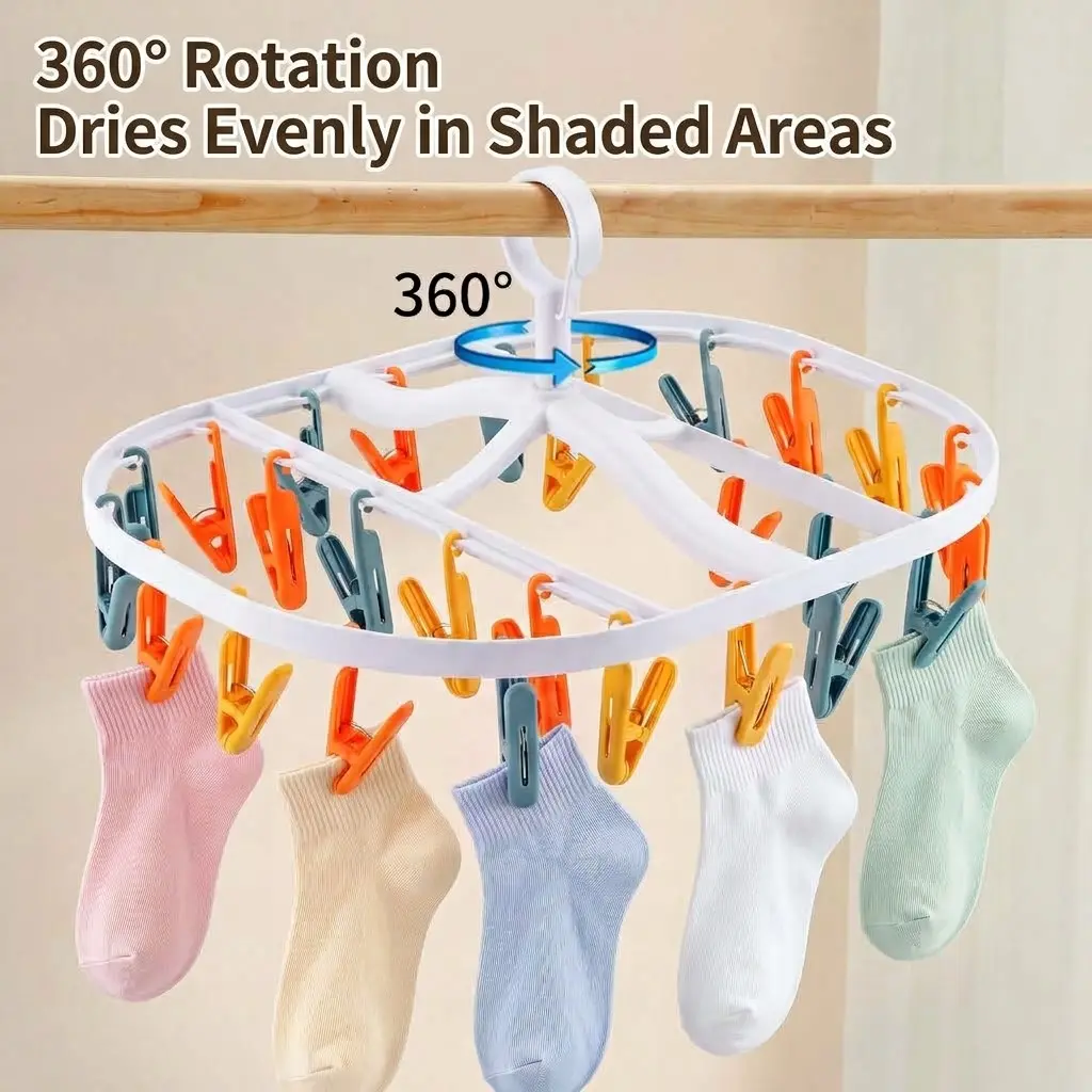 Windproof Hook with Locks, 360° Rotatable, 28 Clips, Multi-Clip Rotating Laundry Rack