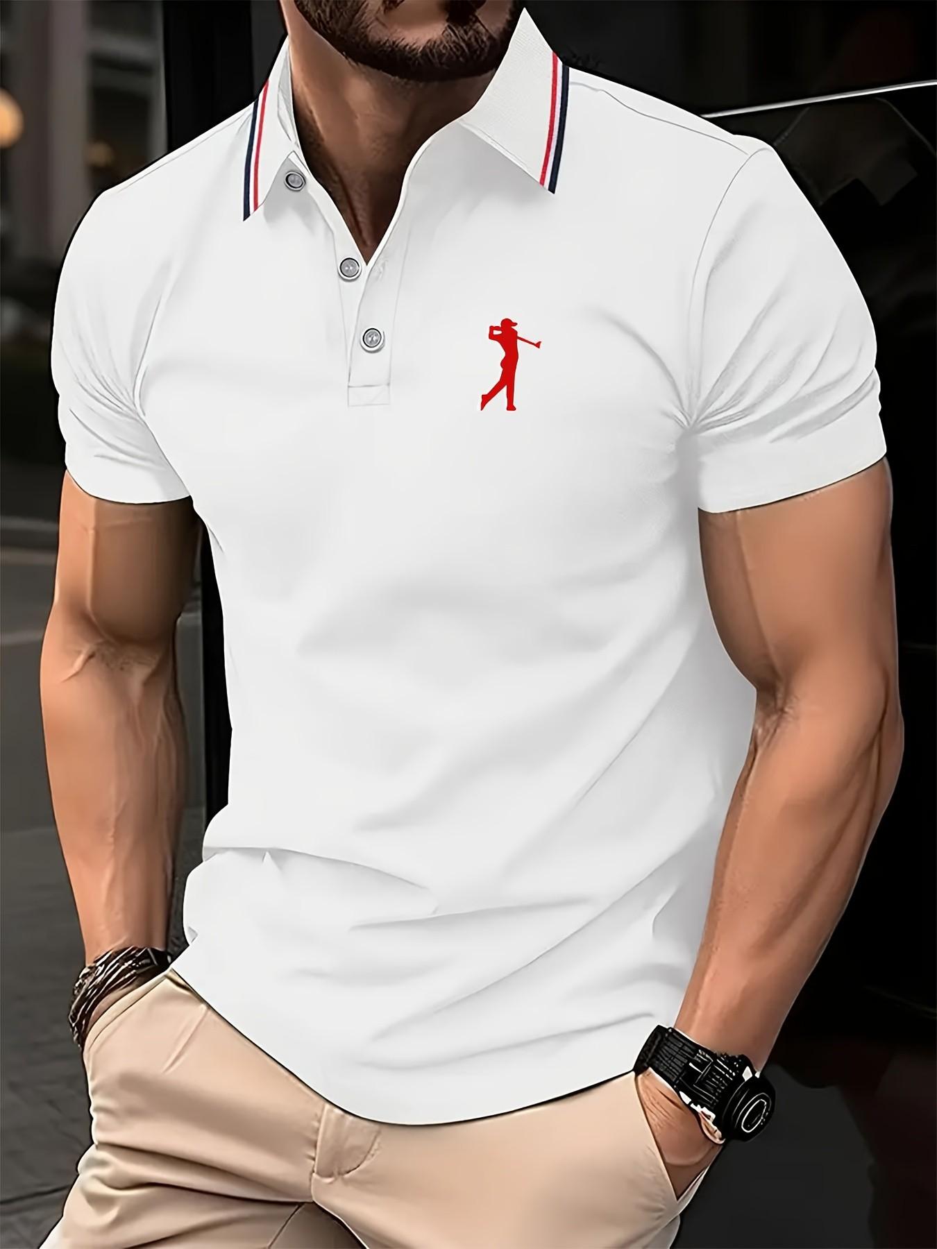 Men's Short Sleeve Polo Shirt, Embroidered Golf Pattern, Business Casual Simple Design, Fitted Style, Graphic Print