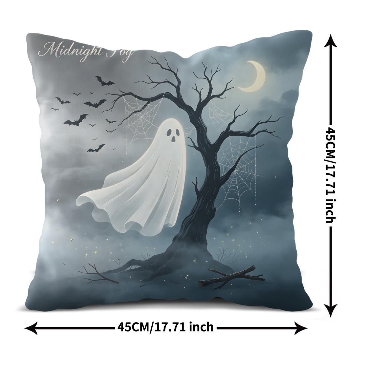 Spooky Halloween Ghost Throw Pillow, featuring bat, bare tree and crescent moon night print, soft durable decorative pillow perfect for sofa, couch, bedroom, living room halloween party decor, comes with pillow insert