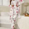 Women's All Over Floral Print Pajama Set, Long Sleeve Open Front Outwear & Pants & Cami Top, Casual Comfy Fitted Sleepwear Set for Women, Loungewear, Knit, Camisole