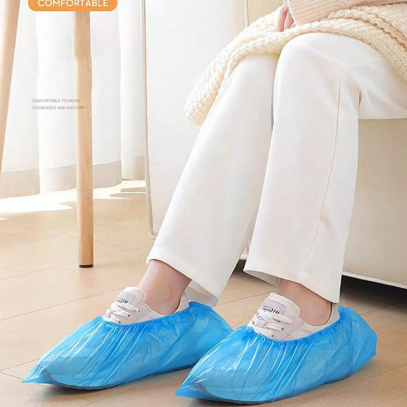 100pcs Portable Shoe Covers, Ideal for Cleaning Supplies, Travel Hotels, Outdoor Cycling, Blue Design, Keeps Shoes Dry in Rainy Weather