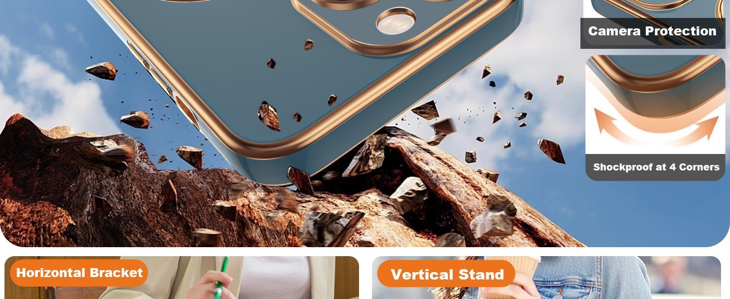 Compatible with iPhone 14 Case with Magnetic Ring Stand [Compatible with Mag-Safe] [Full Camera Lens Protector] Soft Plating Phone Case for iPhone 14 6.1", Grey Blue