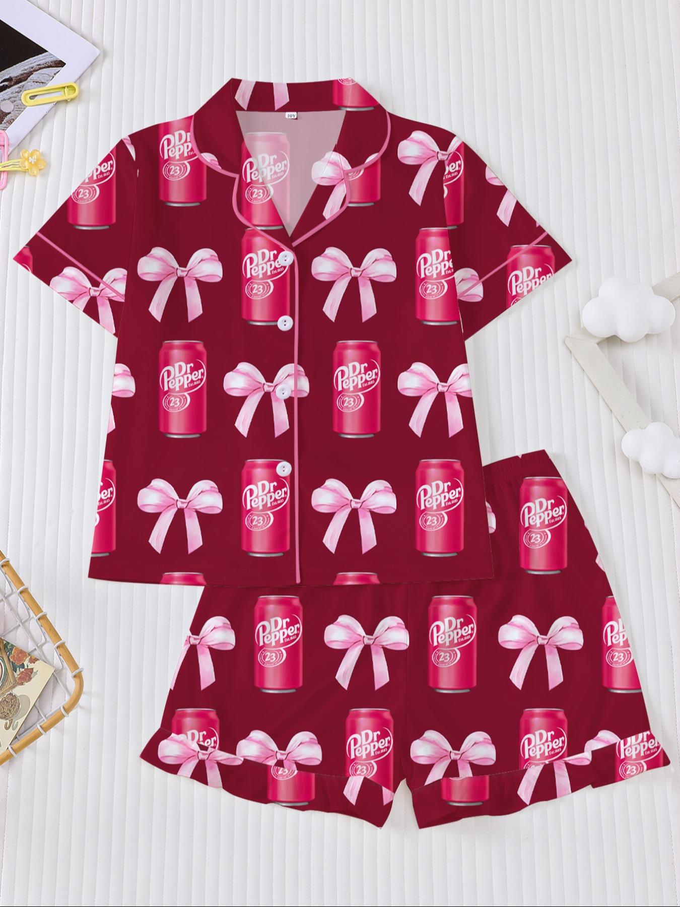 Dr Pepper Soda Can Bow Print Short Sleeve Shirt Pajama Set, Cartoon Sleepwear Two-Piece Suit, Casual Loose Fit Home Wear