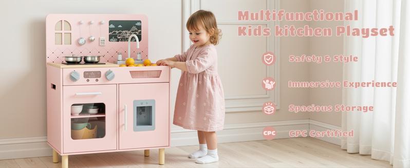 Wooden Kids Play Kitchen Set with Real Lights & Sounds, Interactive Pretend Kitchen with Knob Sounds, Sink, Water Dispenser, 6 Pcs Cookware & Chalkboard Panel for Toddlers and Children